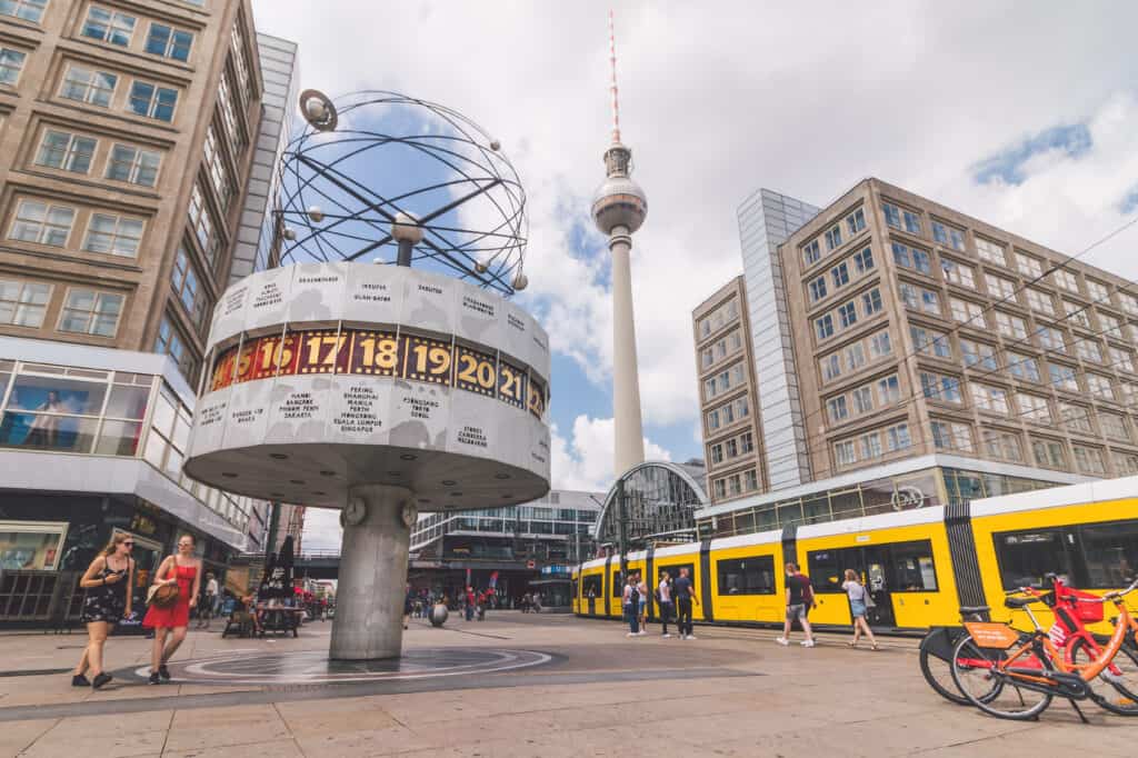 Alexanderplatz in Berlin, a bustling urban square with the iconic Fernsehturm TV tower.