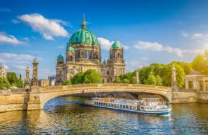 Museum Island in Berlin, a UNESCO heritage site with five major museums on the Spree River.