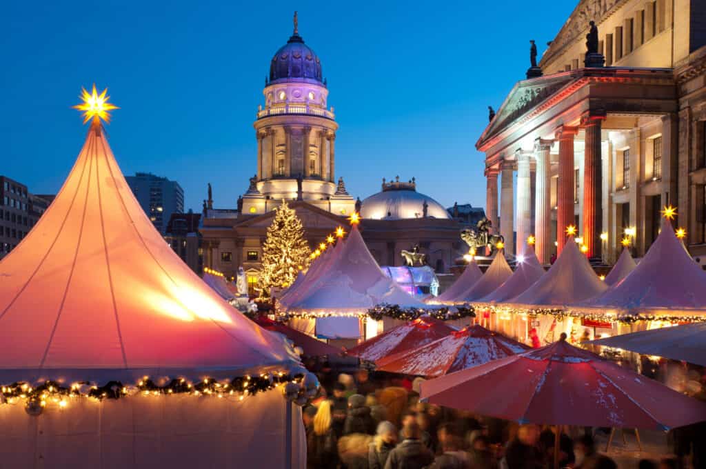 Christmas market in Berlin during early evening.