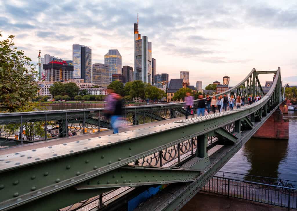 Eiserner Steg in Frankfurt, a pedestrian bridge offering skyline views over the Main River