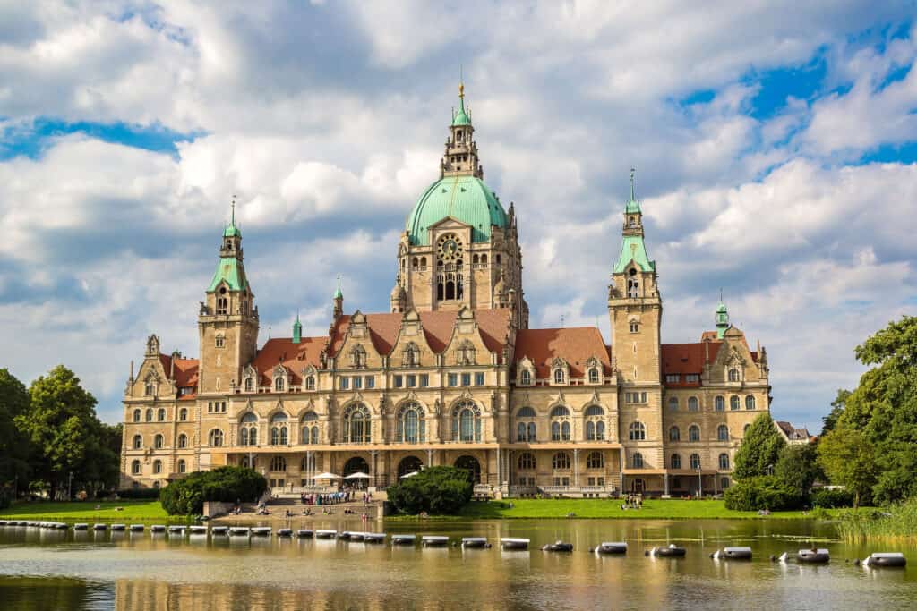 Hanover New City Hall, a majestic edifice overlooking the Maschsee lake.