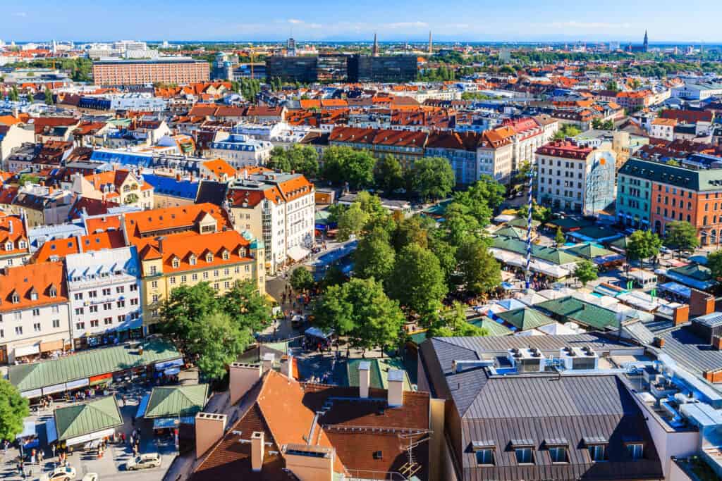 Viktualienmarkt in Munich, a bustling outdoor market with fresh produce and local delicacies.