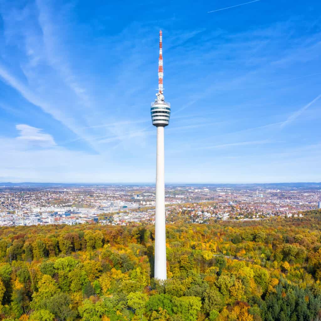 Stuttgart Fernsehturm, the iconic television tower, standing tall against the skyline.
