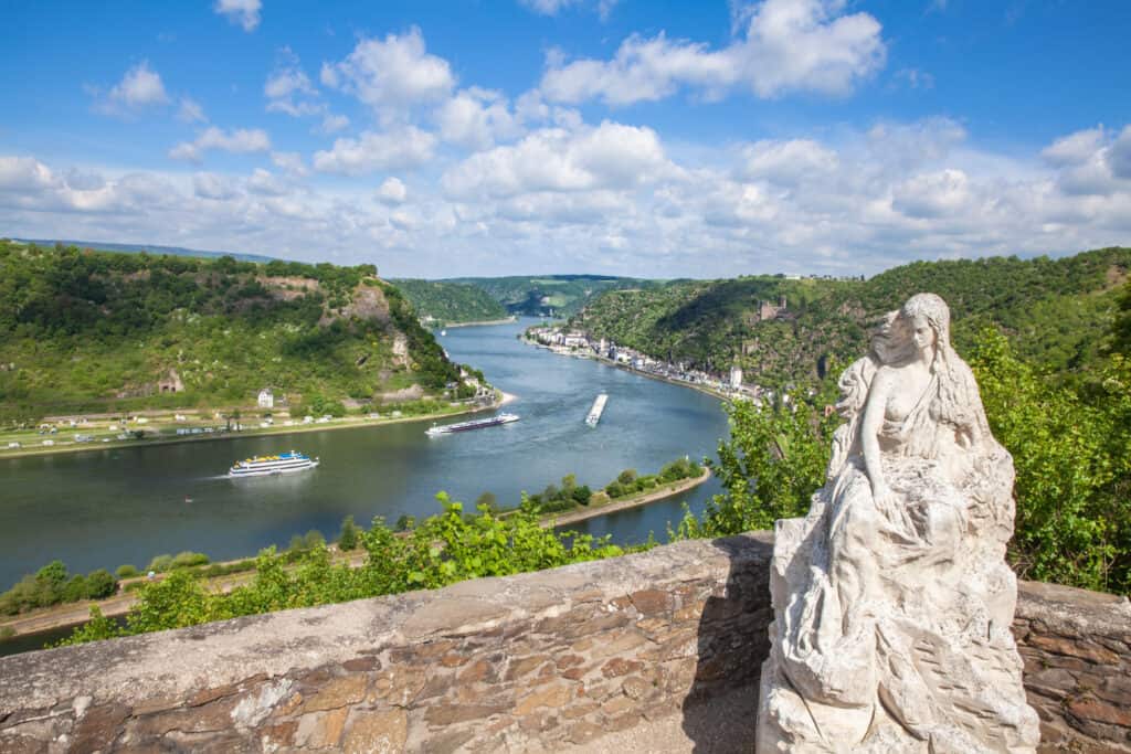 Loreley statue and Rhine Valley landscape, view from Lore Ley Rock, Germany.