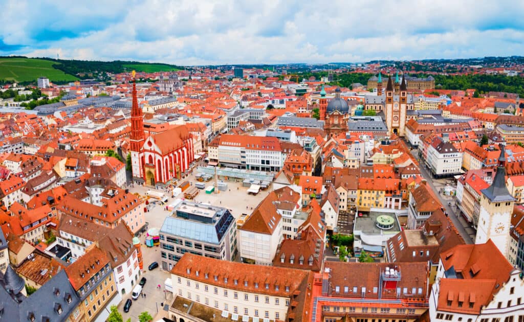 Aerial view on Würzburg Cathedral, a grand Romanesque structure symbolizing the city's religious heritage.