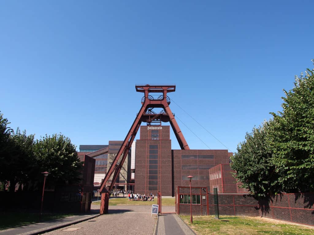 Zollverein Coal Mine Complex exterior view with winding tower, Essen, Germany.