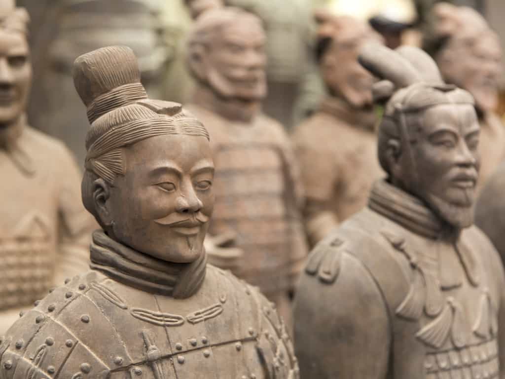 Close-up of intricately detailed Terracotta soldiers, showcasing the artistry of ancient Chinese sculpture
