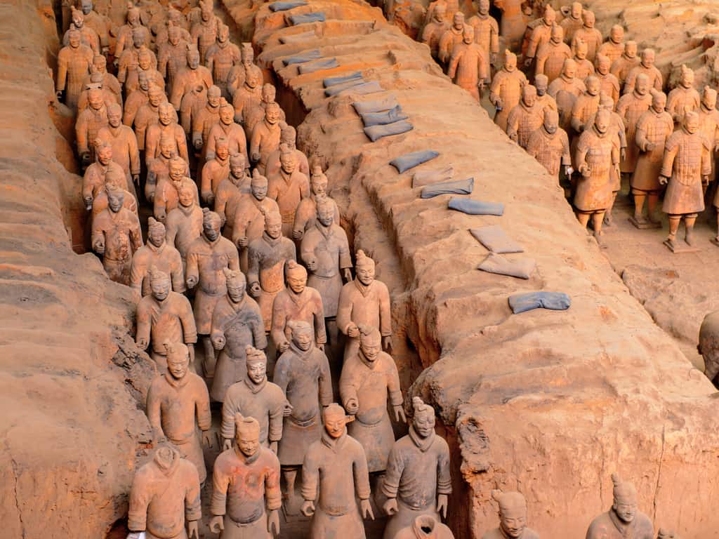 The vast burial site of the Terracotta Army, with hundreds of life-sized statues in battle formation