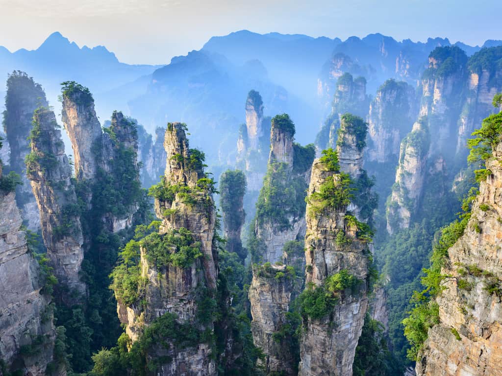 "Spectacular view of the Tianzi Mountains in Zhangjiajie, with towering sandstone pillars rising from the dense forest