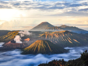 The vast, mist-covered Sea of Sand around Mount Bromo, a unique volcanic landscape.