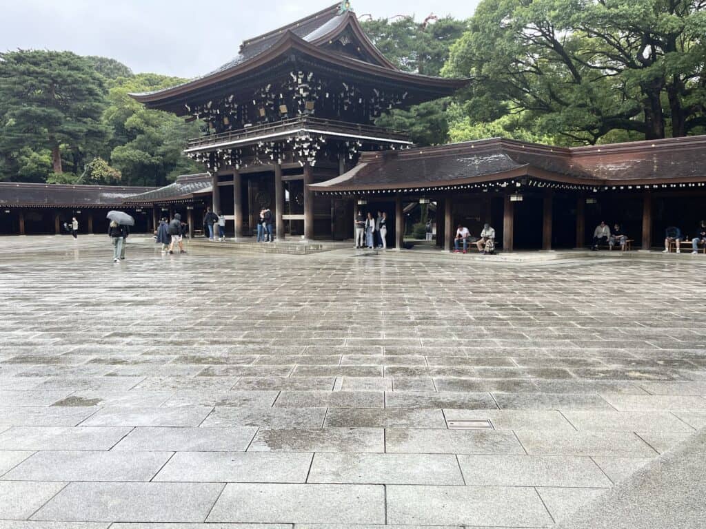The central hall (Honden) of Meiji Shrine, with its simple yet elegant wooden architecture