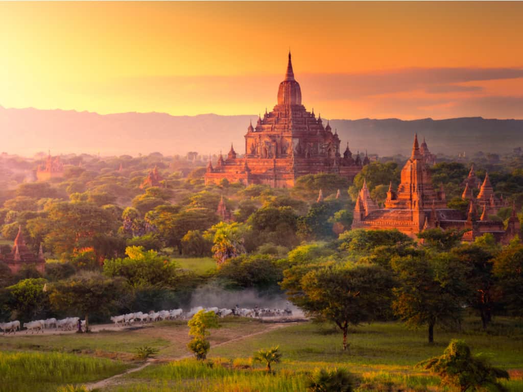 A panoramic view of the sprawling temple plains of Bagan, dotted with pagodas and stupas.