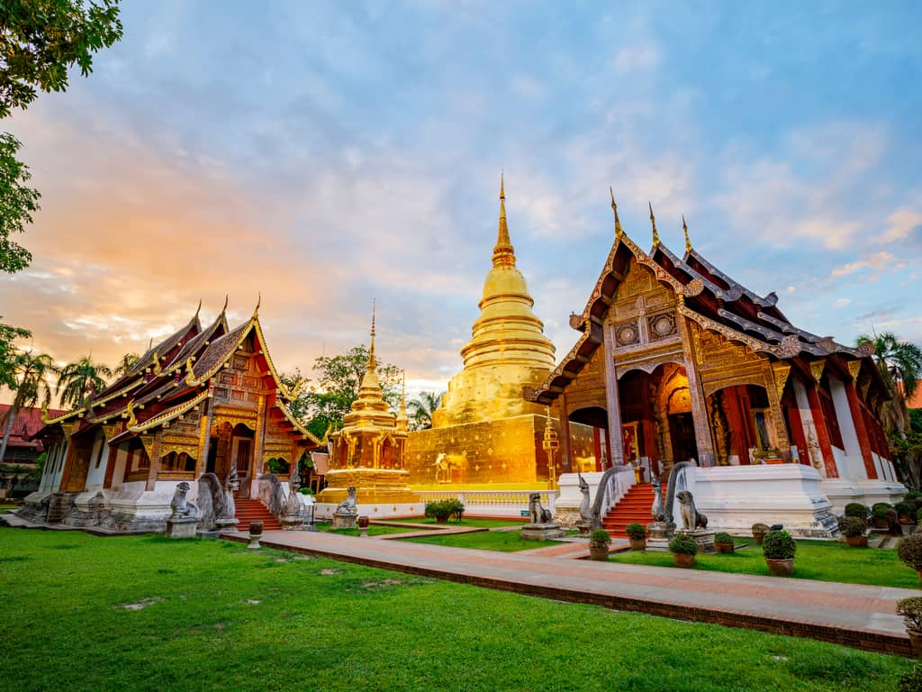 The ancient Wat Chedi Luang temple in Chiang Mai, Thailand, with its magnificent chedi and intricate carvings.