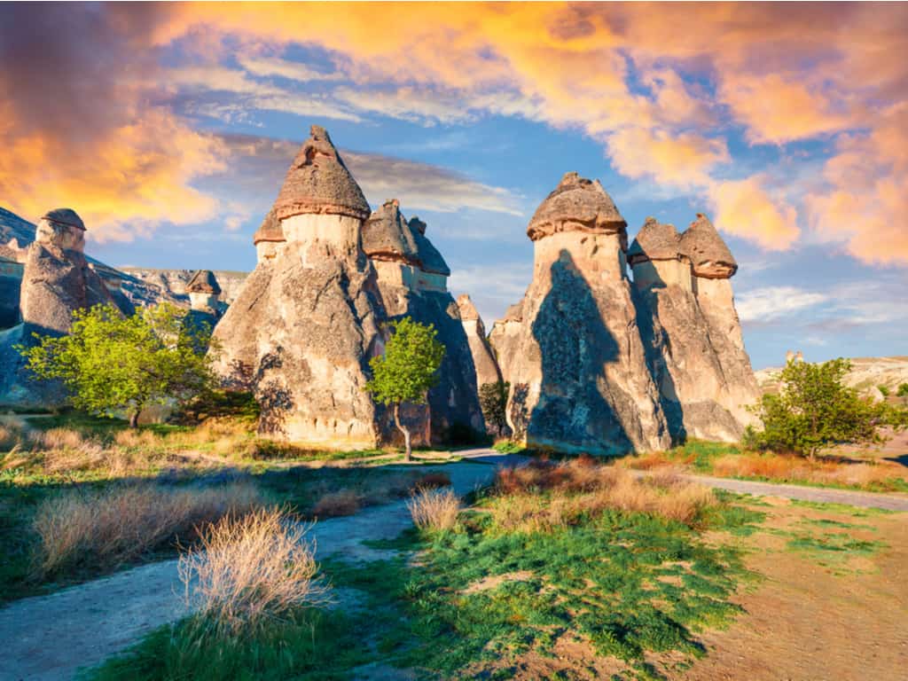 Ancient cave dwellings carved into the fairy chimneys of Cappadocia, Turkey