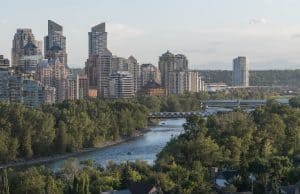 Calgary skyline and Peace Bridge over the Bow River