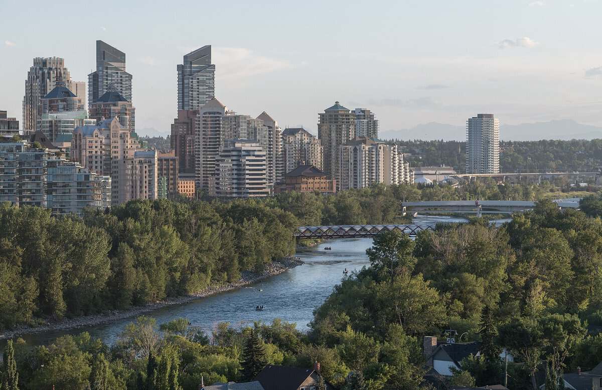 Calgary skyline and Peace Bridge over the Bow River