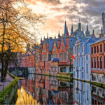 Iconic view of the Belfry of Brugge, a medieval bell tower in the historic city center of Brugge, Belgium