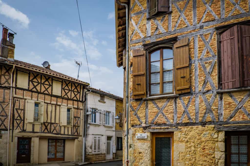 A medieval half-timbered house in the small town of Eauze, France, photographed on May 22, 2021.