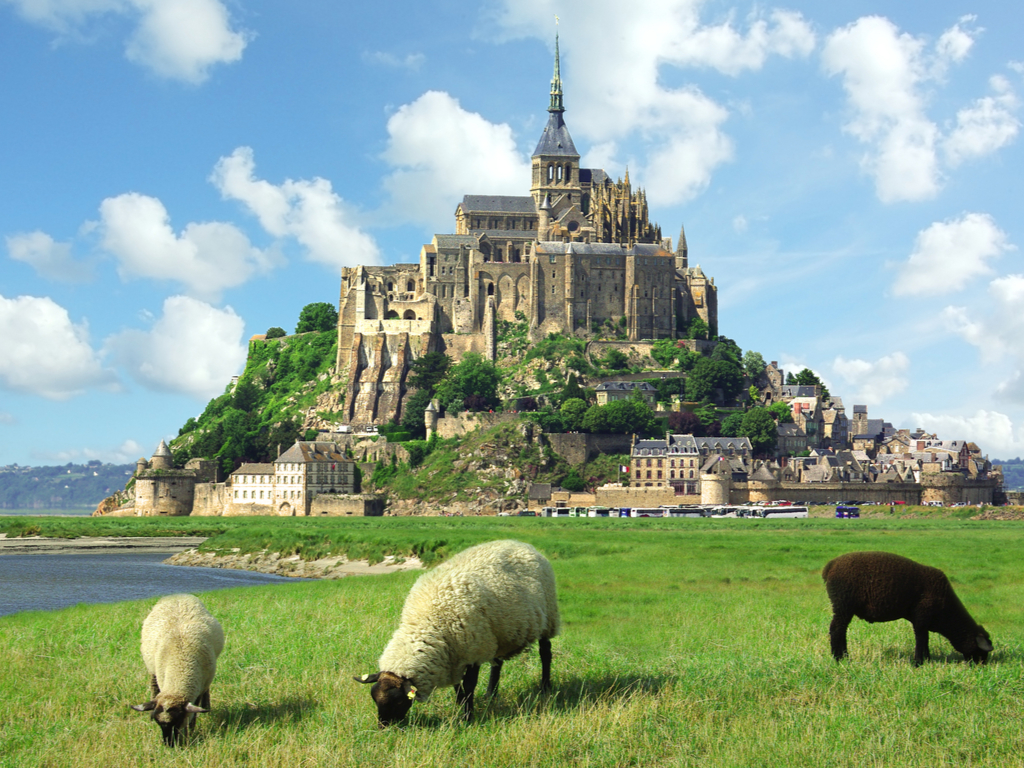Springtime in Mont Saint Michel, with blooming flowers adding color to the landscape.