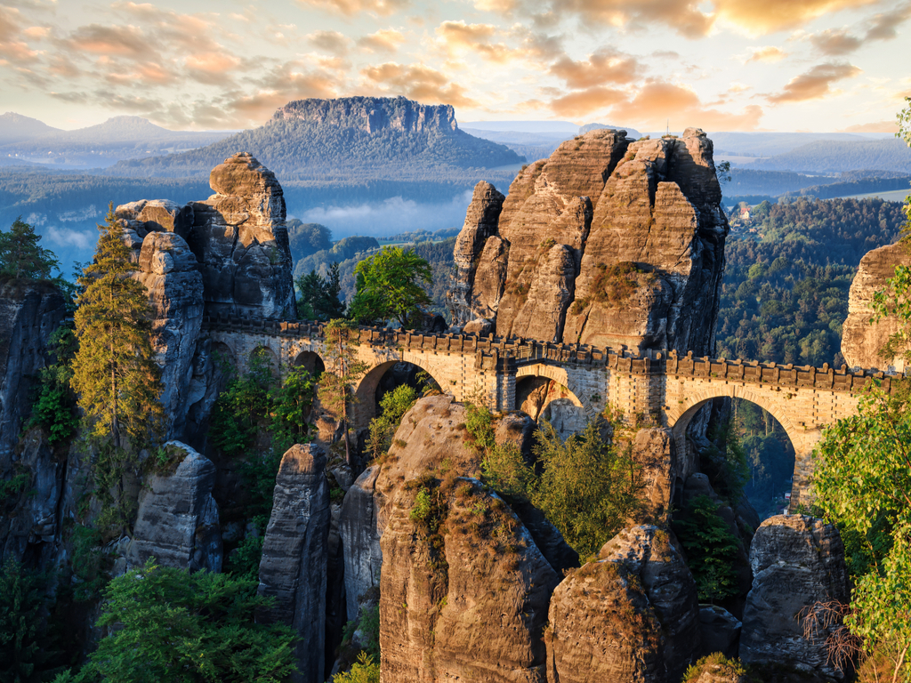Aerial view of Bastei Bridge amidst the rugged terrain, inviting visitors to explore its majestic beauty