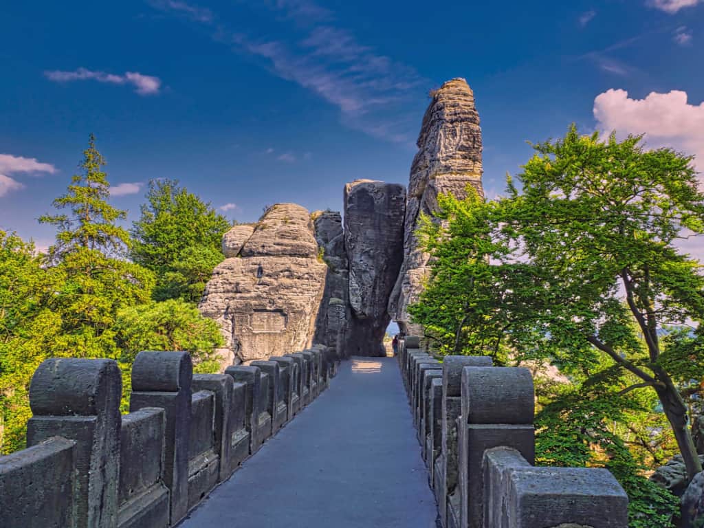 Springtime at Bastei Bridge with blooming wildflowers enhancing its natural beauty