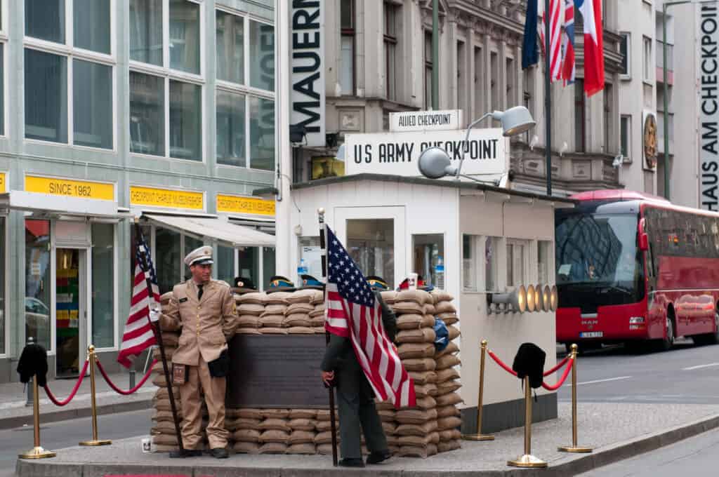 The historical 'Checkpoint Charlie', the most renowned Berlin Wall crossing point that served as the gateway between East and West Berlin during the Cold War