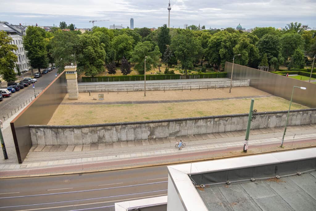 The Berlin Wall Memorial on Bernauer Straße in Berlin, Germany, as of June 29, 2022, encompassing a 60-meter stretch of the original division, with a view of the former death strip
