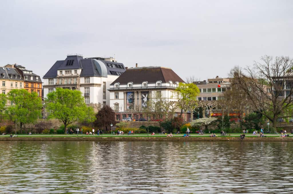 Panoramic View of DAM and Film Museum, located on the Museum Riverbank in Frankfurt from the other Main bank. Frankfurt, Germany
