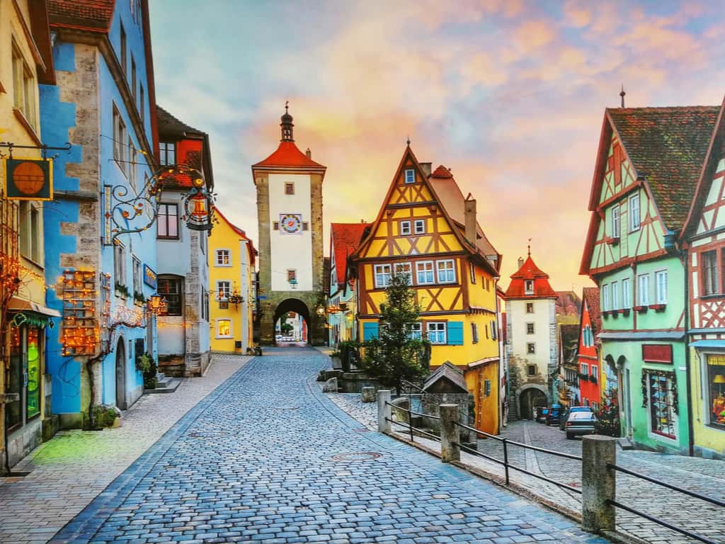 "The iconic Plönlein corner in Rothenburg ob der Tauber, with its timbered buildings and narrow streets.