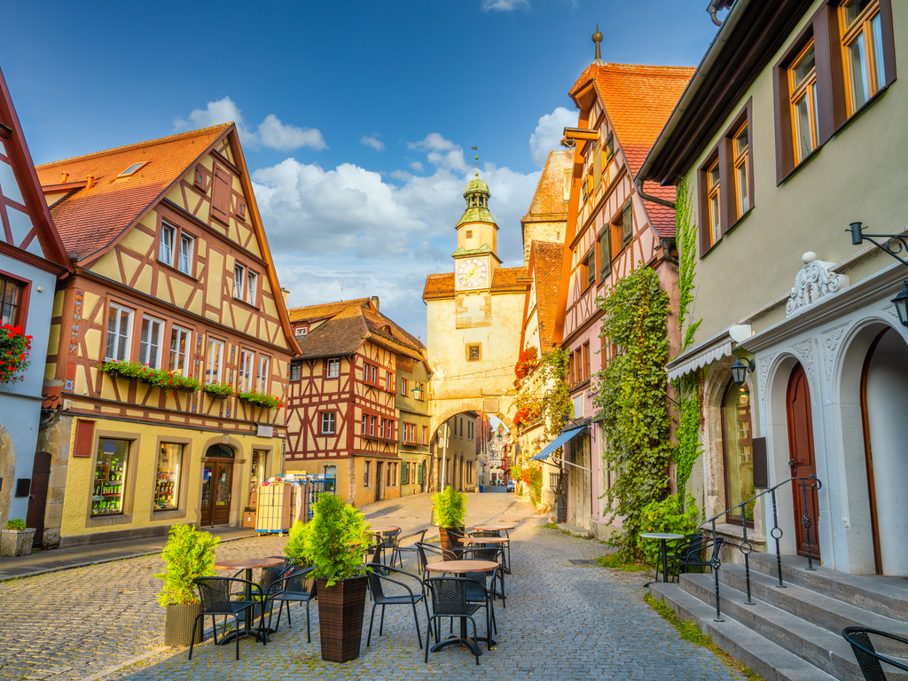 The well-preserved town walls of Rothenburg ob der Tauber, offering scenic views of the town and countryside.