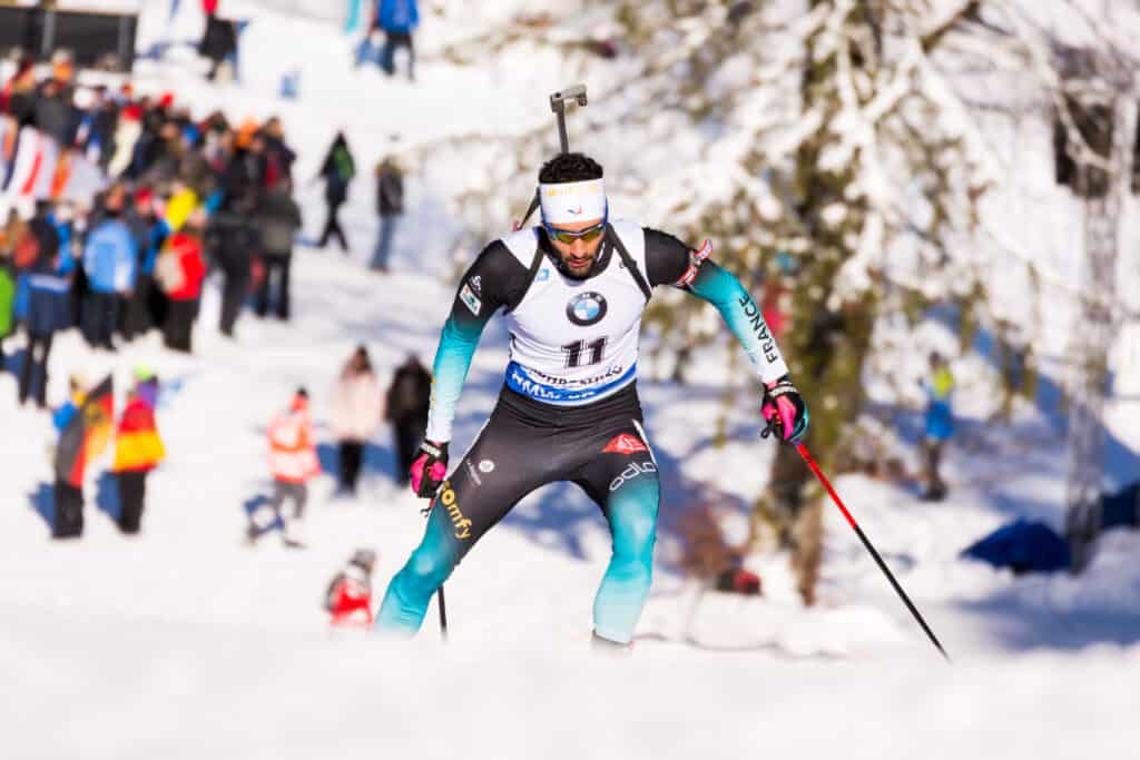 Martin Fourcade of France skiing in the bavarian alps, during the sprint race at the IBU World Cup Biathlon event in Ruhpolding, Germany, on January 17, 2019.