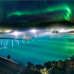 Nighttime view of the Blue Lagoon, illuminated for a tranquil and mystical experience.