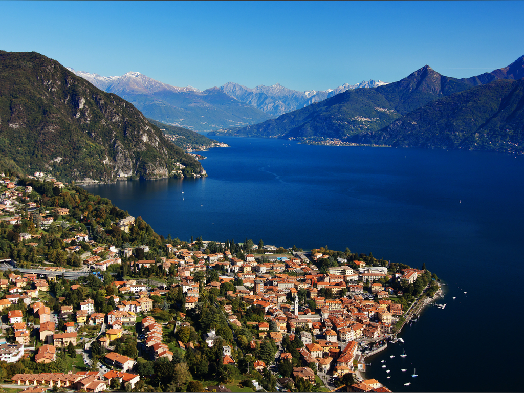 Aerial view of the town of Bellagio on Lake Como, known for its picturesque streets and waterfront.