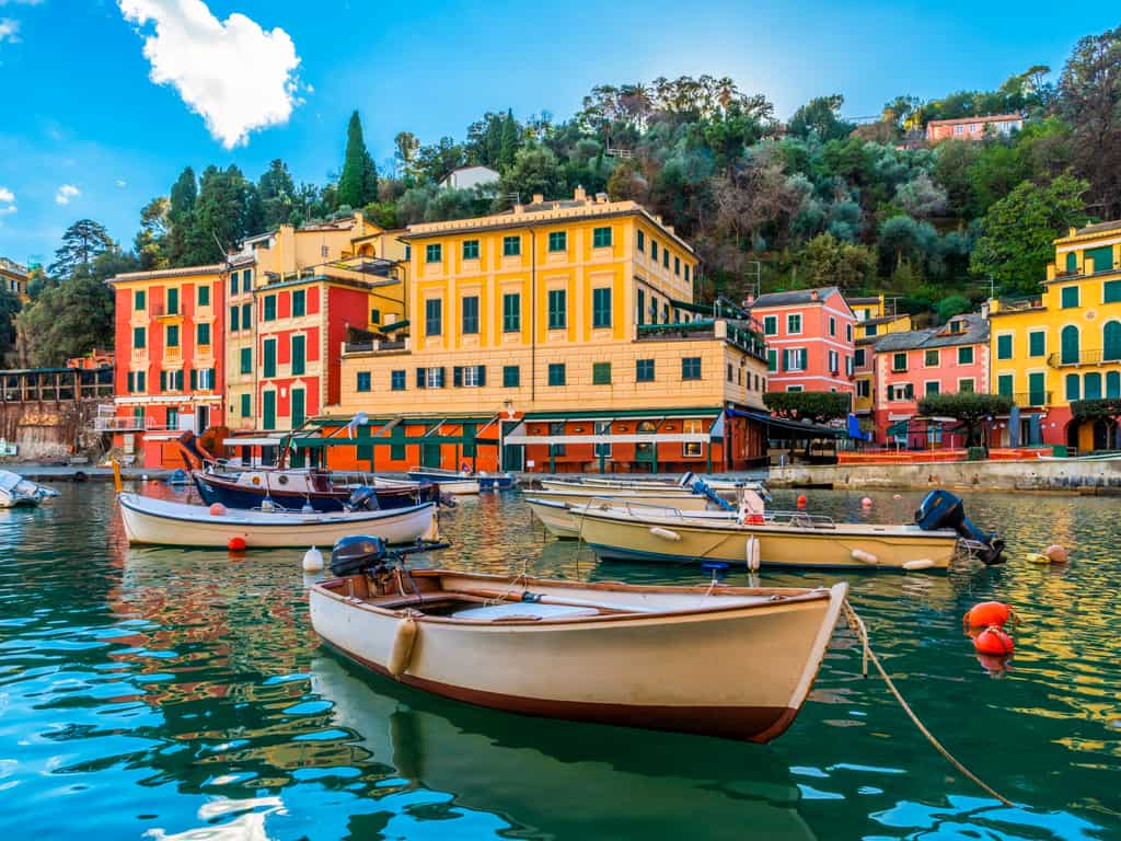 Traditional wooden boats floating in the tranquil waters of Portofino's harbor against a backdrop of colorful houses.
