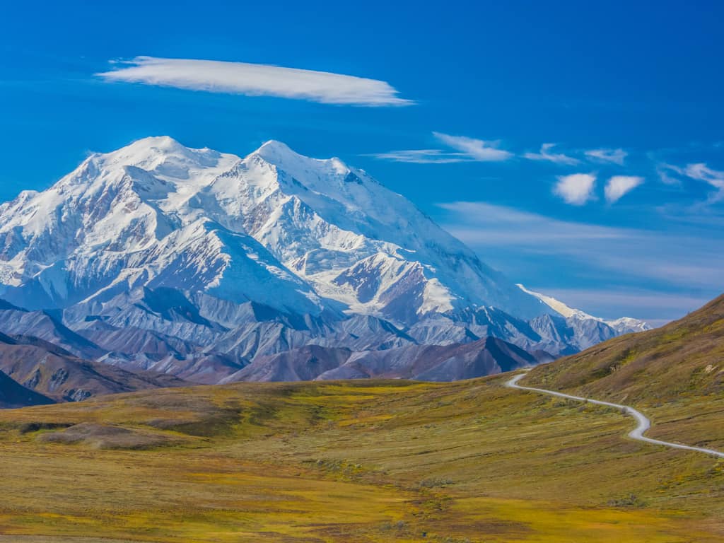 "The Park Road winding through Denali National Park, offering access to its stunning vistas and diverse ecosystems