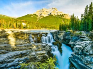 Aerial view of Athabasca Falls, showcasing its impressive scale and the surrounding landscape.