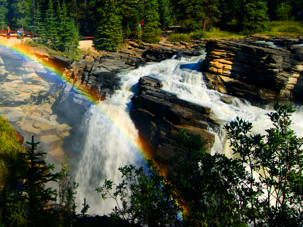 Rainbow forming in the mist of Athabasca Falls on a sunny day.