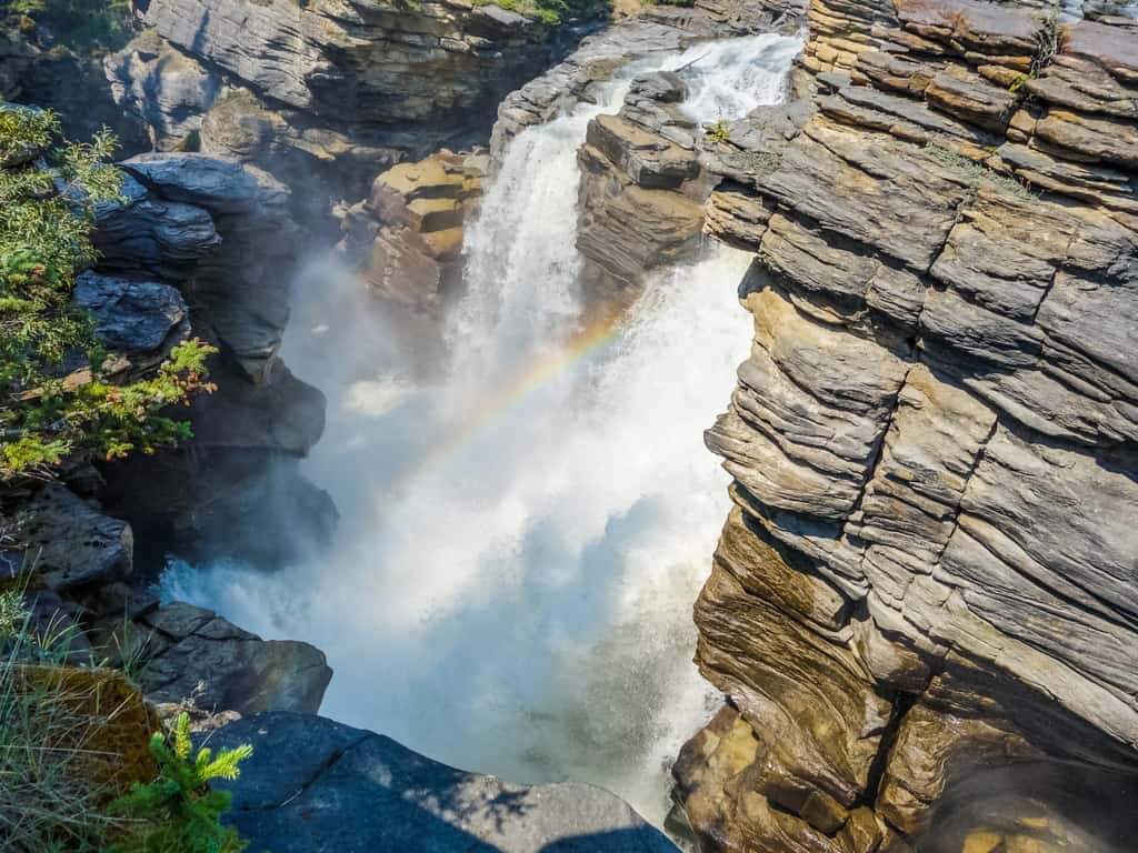 Athabasca Falls in Jasper National Park, with powerful water cascading over rugged rocks.