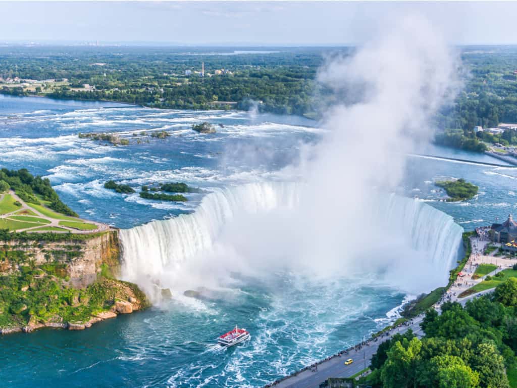 Aerial view of Niagara Falls, highlighting the expansive scale of the waterfalls and river.