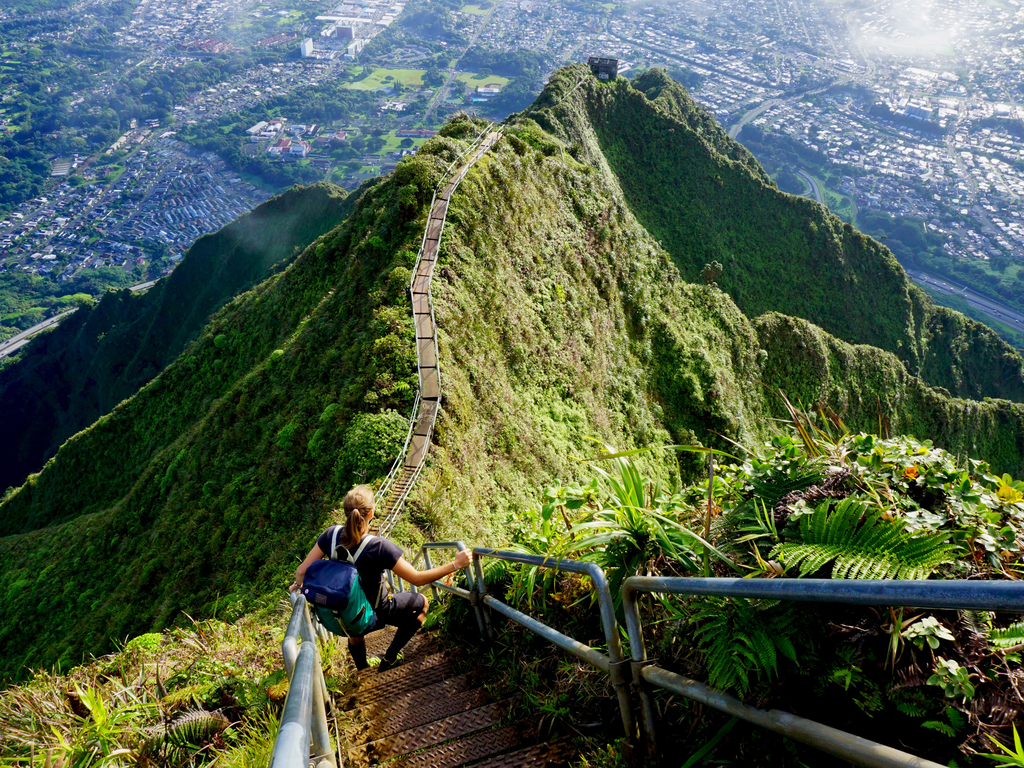 The steep and narrow steps of the Haiku Stairs winding through Hawaii's tropical landscape.