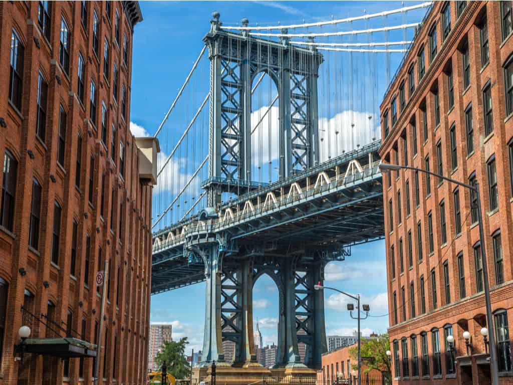 Historic architecture of converted warehouses in DUMBO, blending old and new