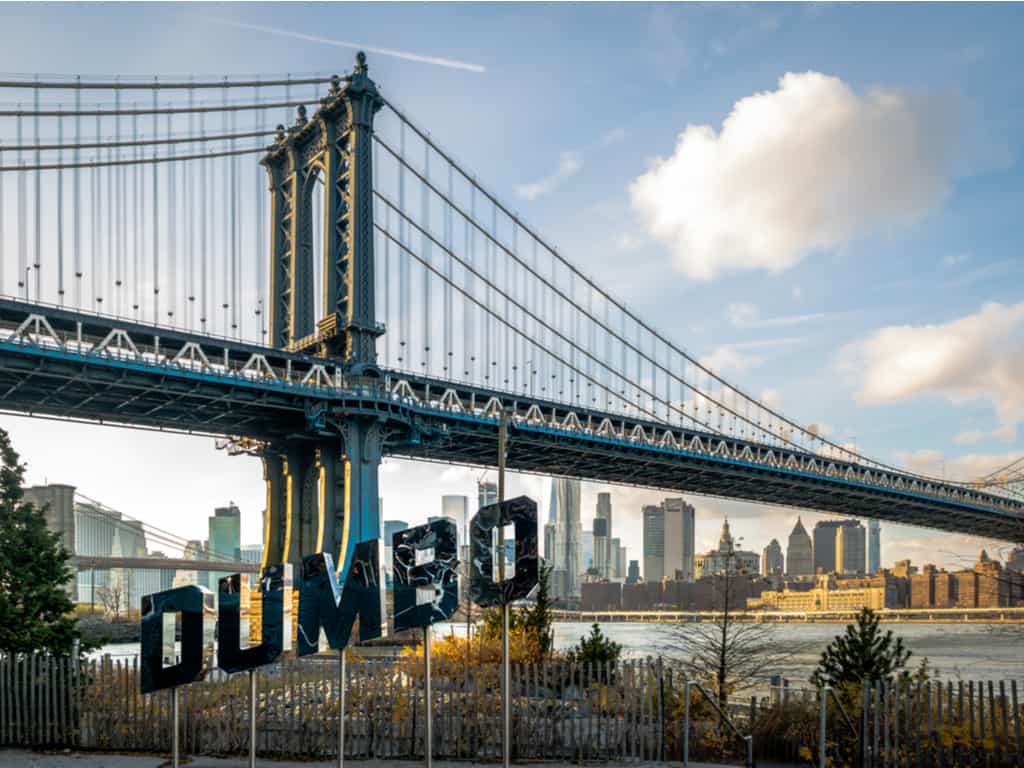 Stunning view of the Manhattan Bridge from the cobblestone streets of DUMBO, Manhattan New York