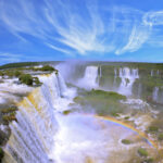 Panoramic view of Iguazu Falls, with its powerful cascades and lush green surroundings