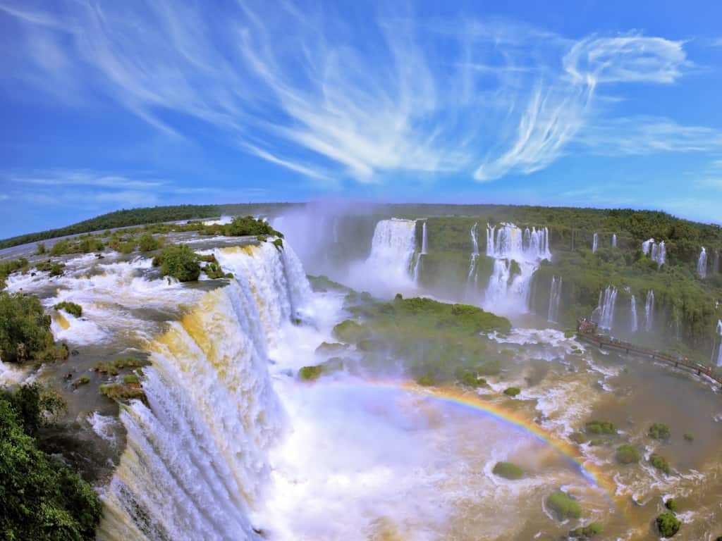Panoramic view of Iguazu Falls, with its powerful cascades and lush green surroundings