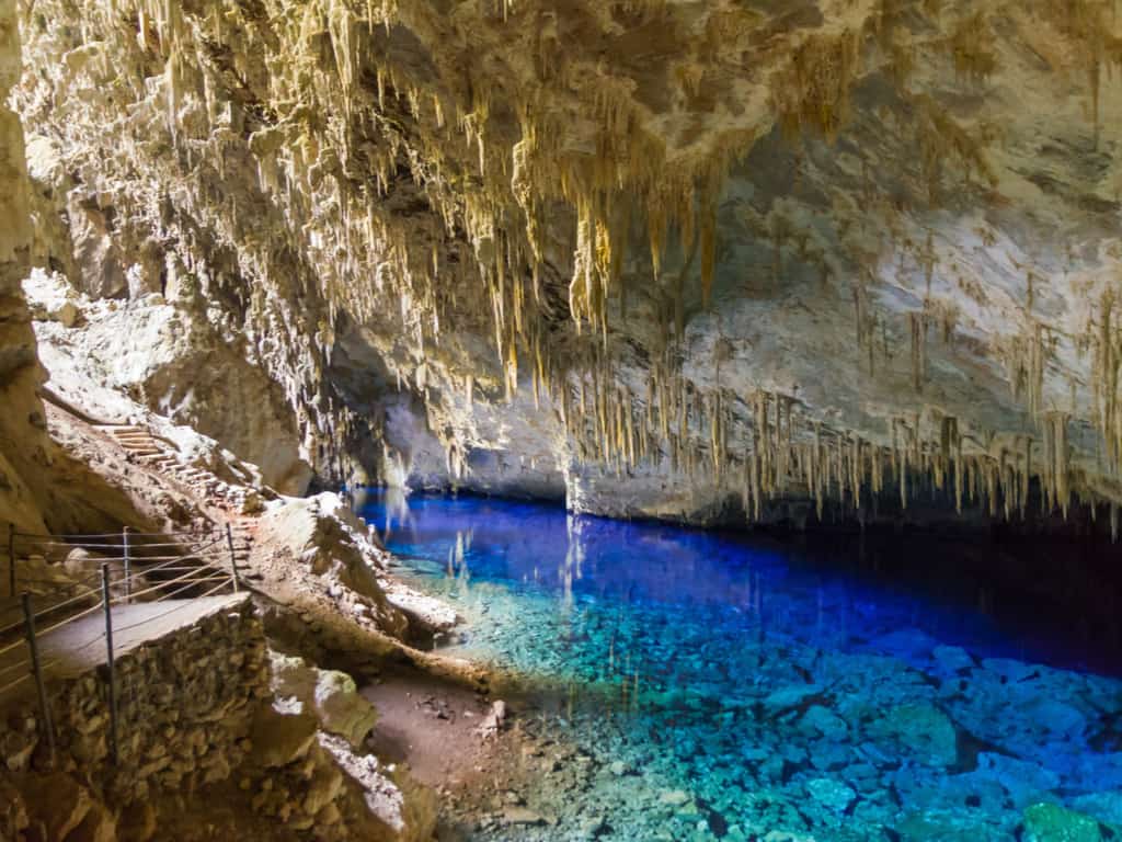 The mesmerizing Gruta do Lago Azul in Bonito, with its striking blue waters and ancient stalactites.