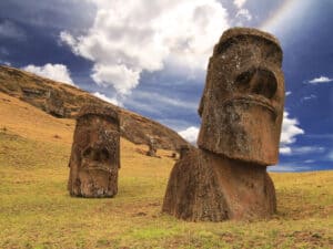 Close-up of the intricate carvings on a moai statue on Easter Island, reflecting the skill of the ancient Rapa Nui people