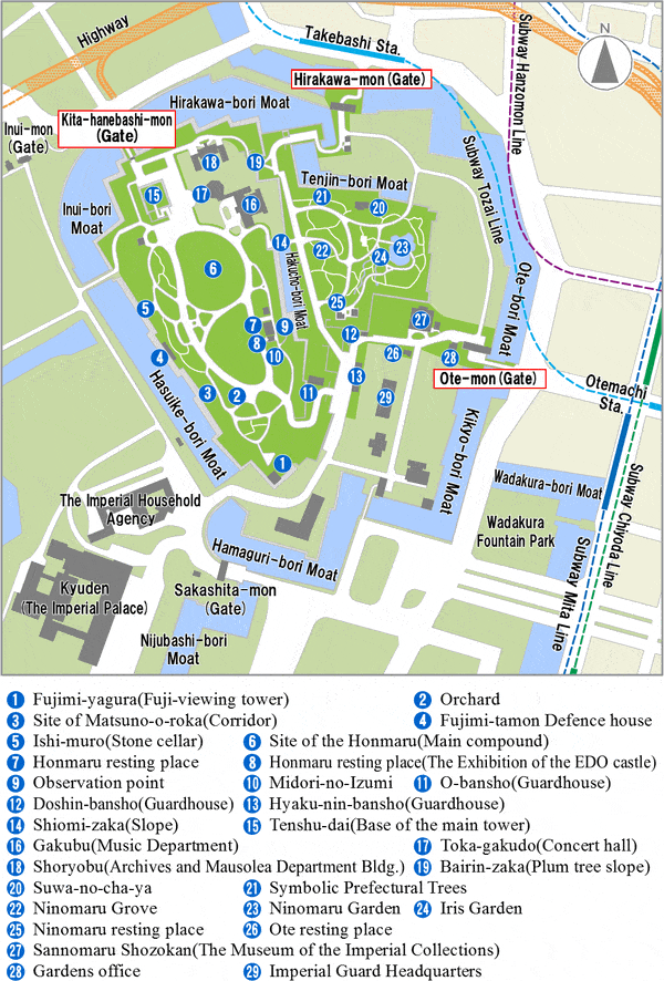 Map of Imperial Palace, Tokyo. Showcasting all 24 sightseeing highlights.
